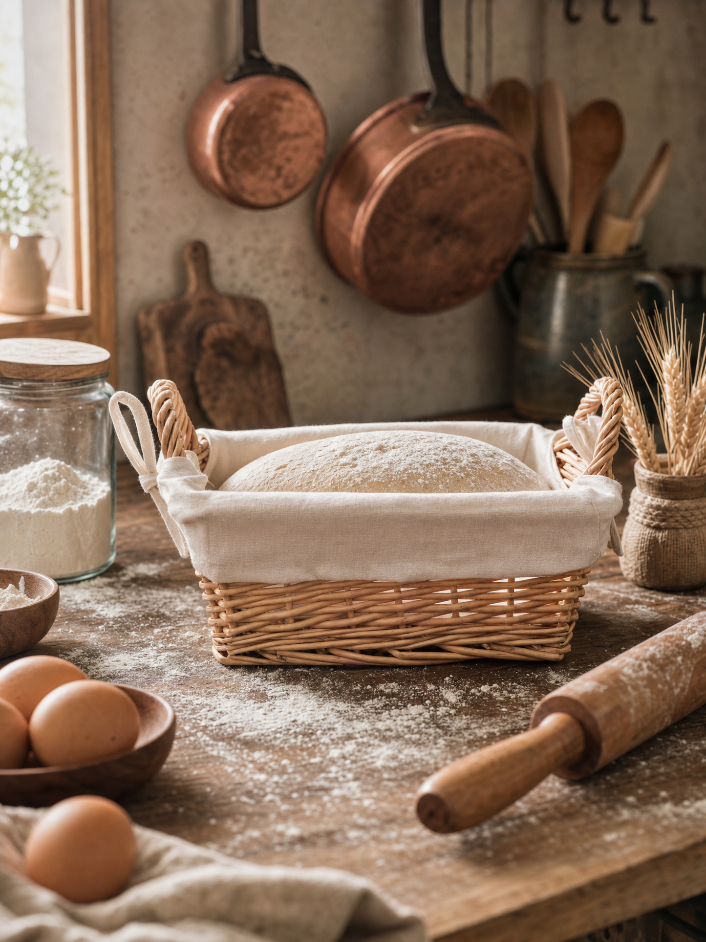 French Rustic Woven Bread Basket with Linen Liner – Handwoven Rattan Storage & Serving Basket