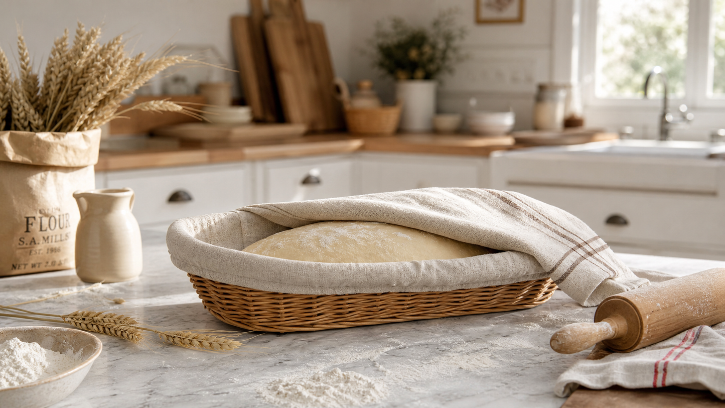 French Rustic Woven Bread Basket with Linen Liner – Oval Rattan Baguette Serving Tray