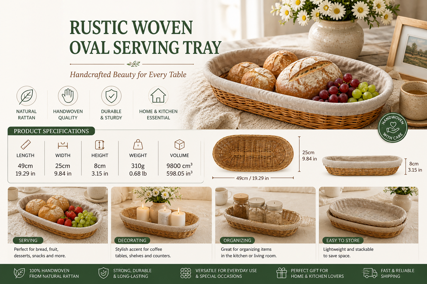 French Rustic Woven Bread Basket with Linen Liner – Oval Rattan Baguette Serving Tray