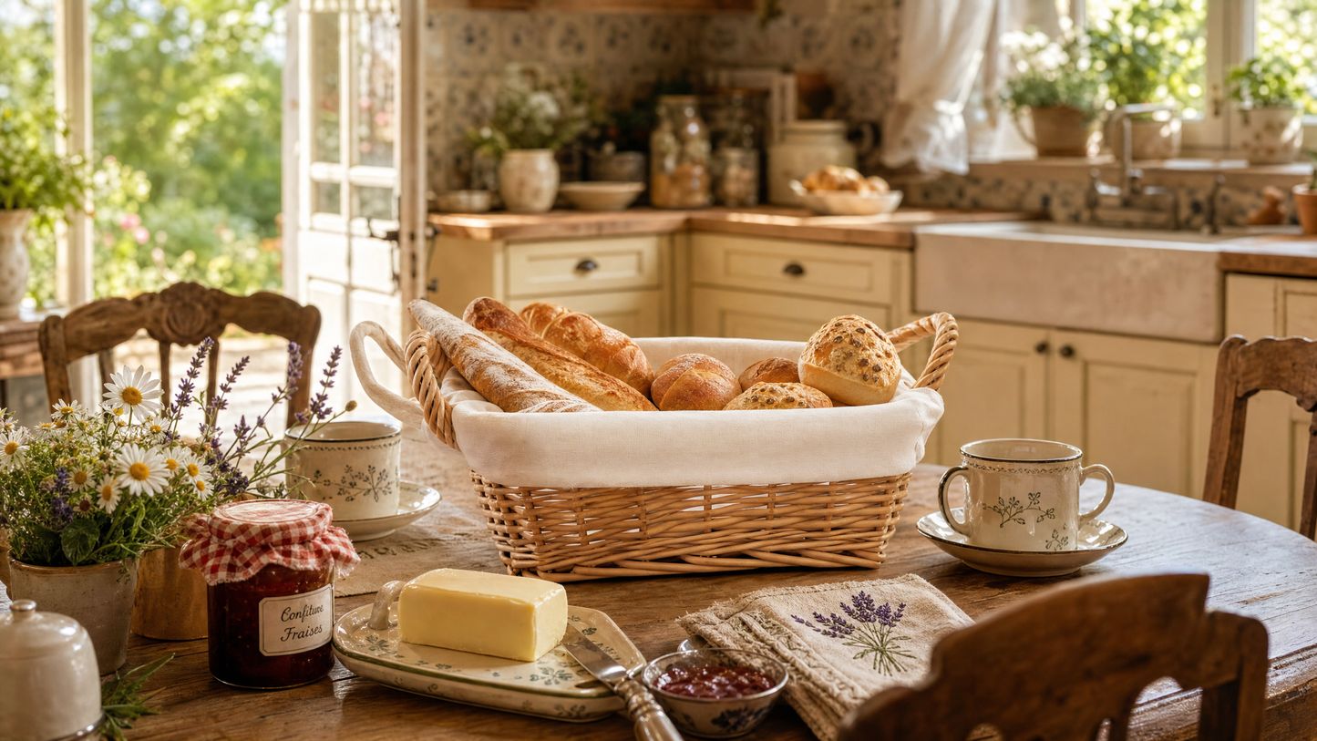 French Rustic Woven Bread Basket with Linen Liner – Handwoven Rattan Storage & Serving Basket