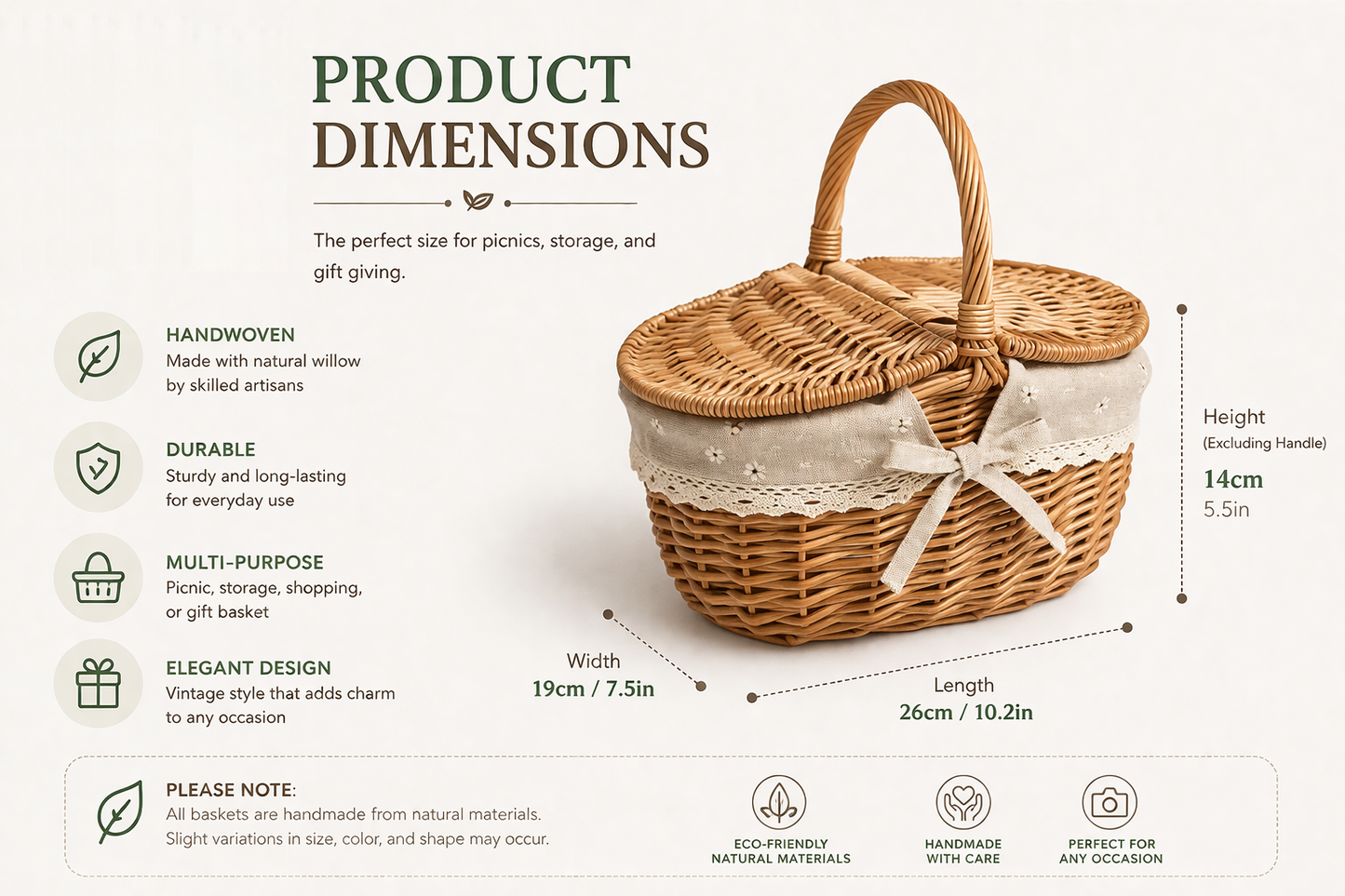 Handwoven Willow Picnic Basket with Lid