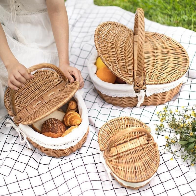 Handwoven Willow Picnic Basket with Lid