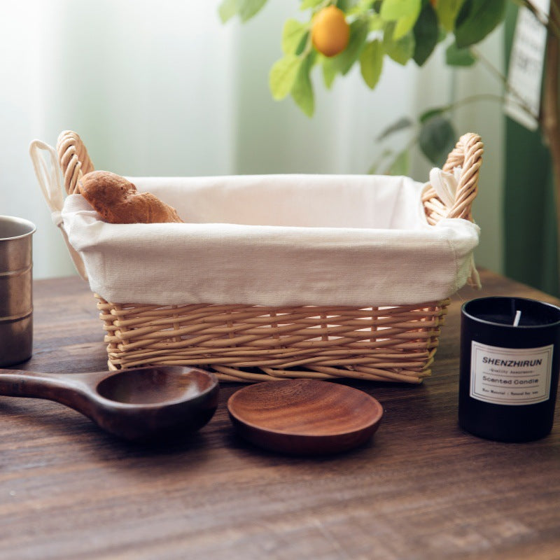 French Rustic Woven Bread Basket with Linen Liner – Handwoven Rattan Storage & Serving Basket