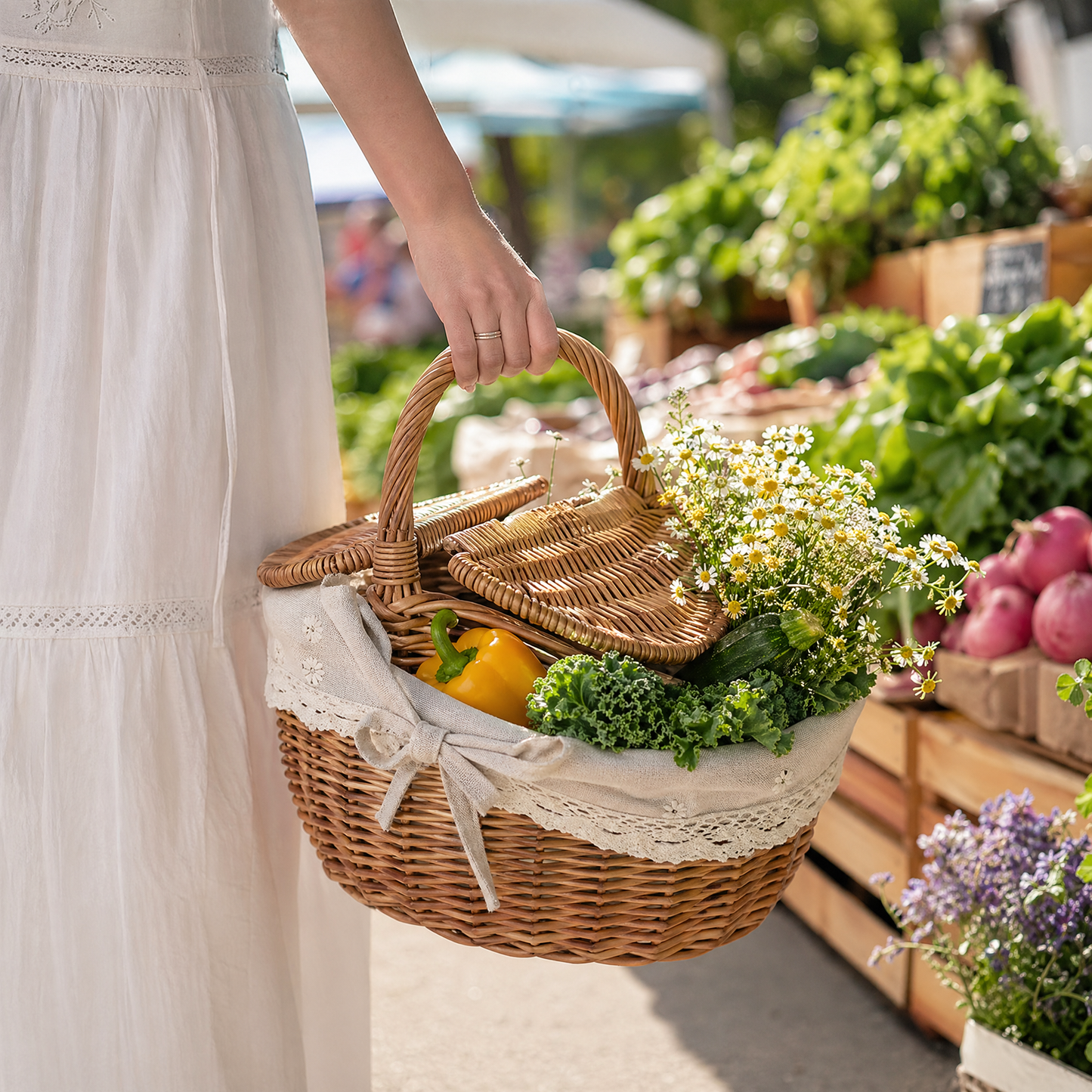 Handwoven Willow Picnic Basket with Lid
