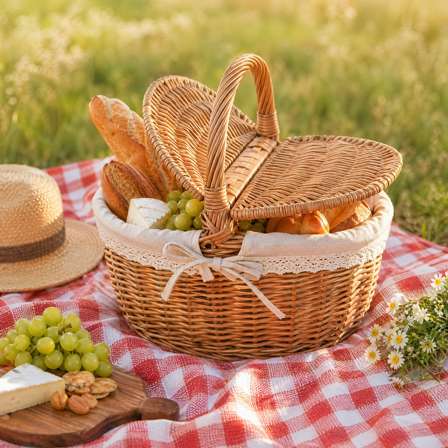 Handwoven Willow Picnic Basket with Lid