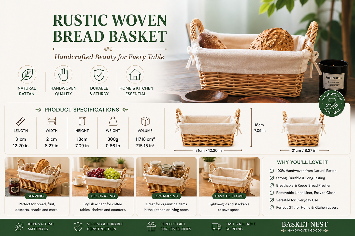 French Rustic Woven Bread Basket with Linen Liner – Handwoven Rattan Storage & Serving Basket